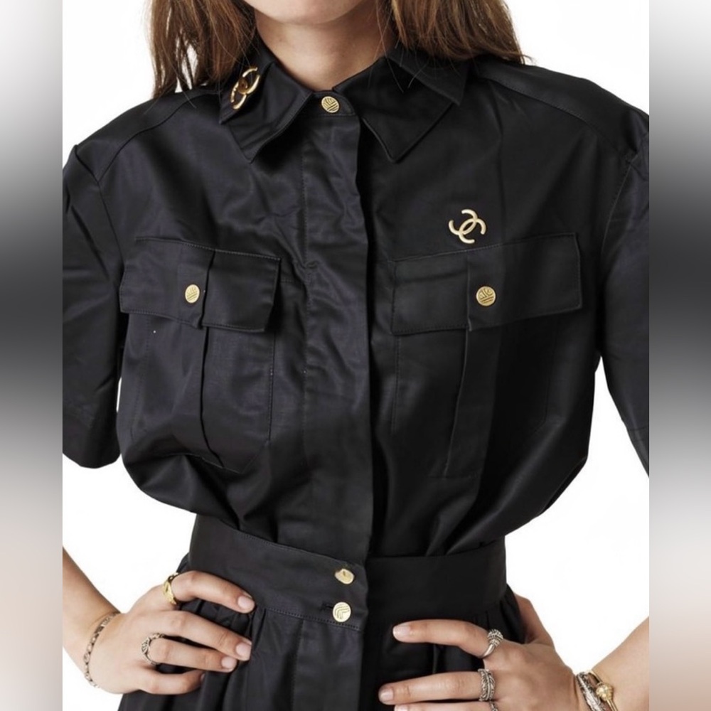 CHANEL Archival 06P Black Linen Cinched Waist Safari Blouse